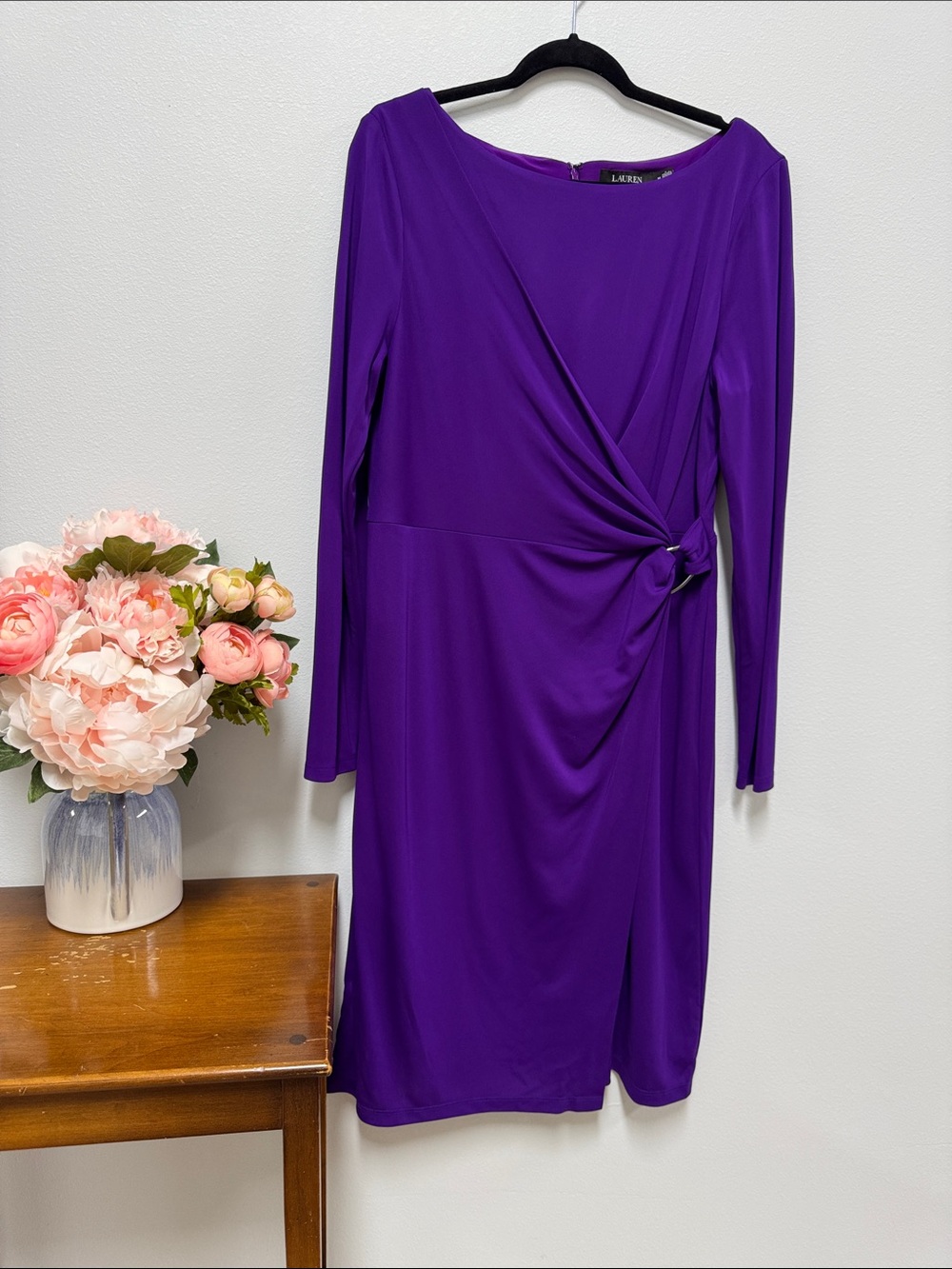 Lauren Ralph Lauren Deep Purple Knot-Detail Long Sleeve Dress